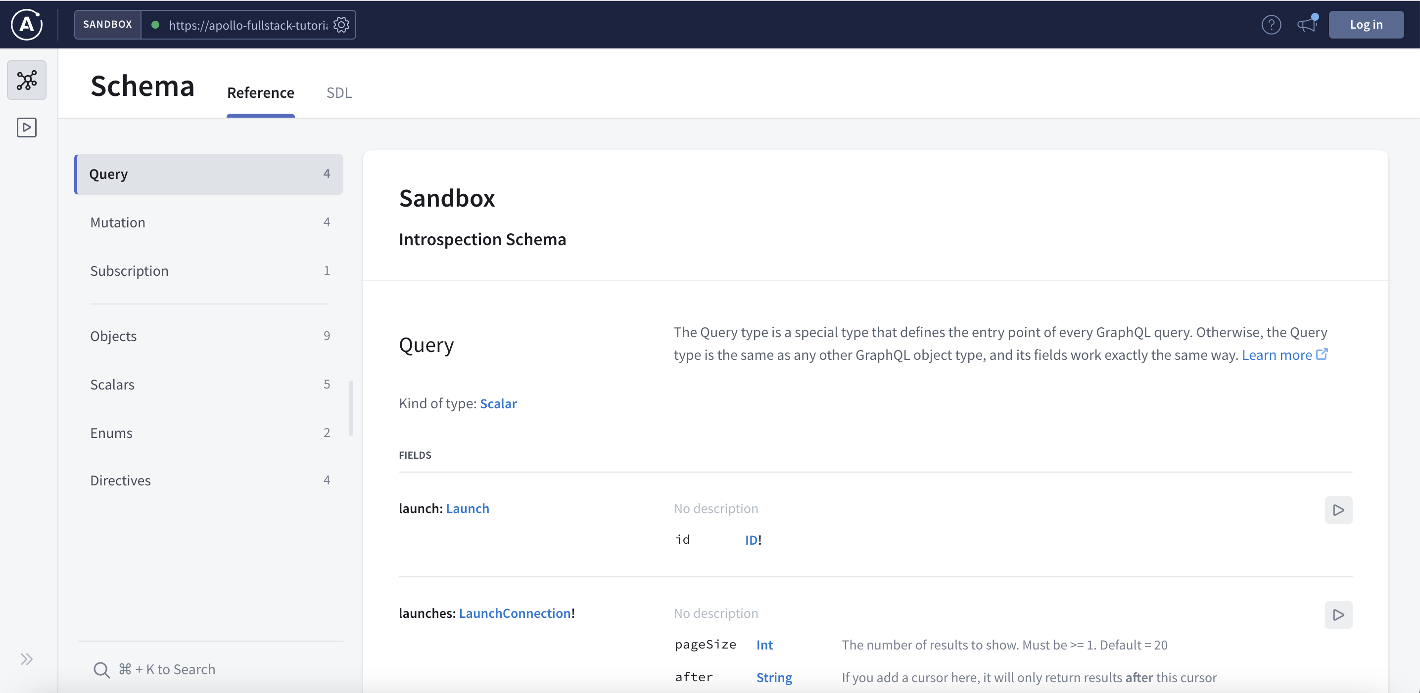 Apollo sandbox showing the schema reference