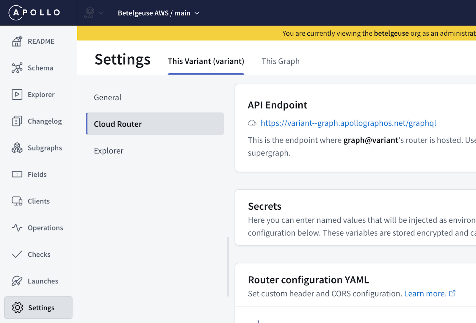 GraphOS Studio Cloud Router settings page