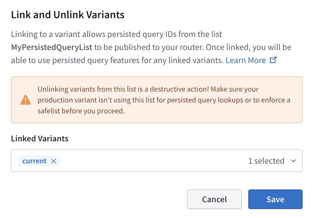 Dialog for linking PQLs to variants in Studio